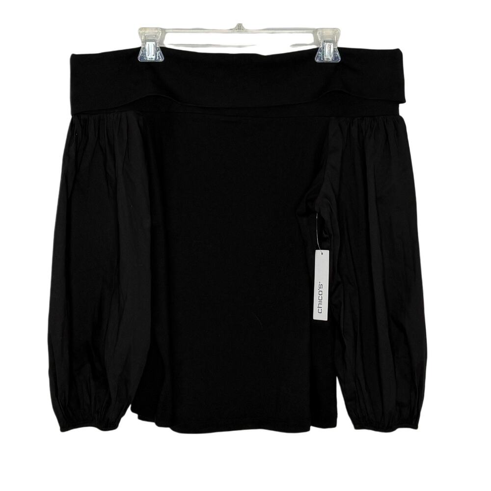 Chico's Women’s Black Off The Shoulder Puff Sleeve Boho Blouse Size 2 NWT